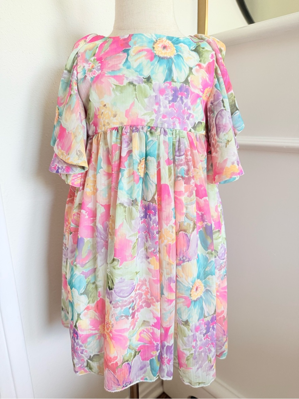 Abel & Lula Girls Size 4 Floral Watercolor Ruffle Sleeve Dress Pink